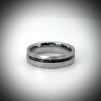 Faceted tungsten wedding ring with black tourmaline and 14k gold inlay in a 2mm offset channel