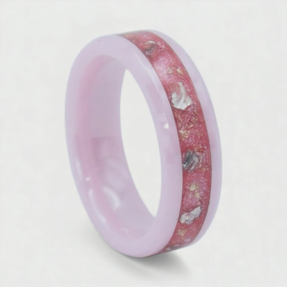 Pink ceramic ring with sea glass and gold leaf inlay