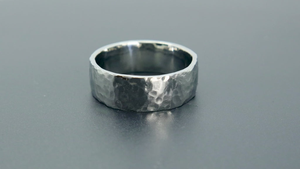 8mm domed men's wedding band with hand-hammered finish, bold textured exterior with smooth comfort fit interior