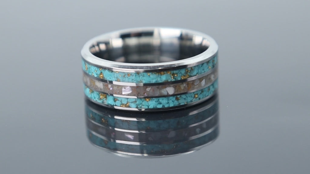 Tungsten ring with turquoise and mother of pearl inlay
