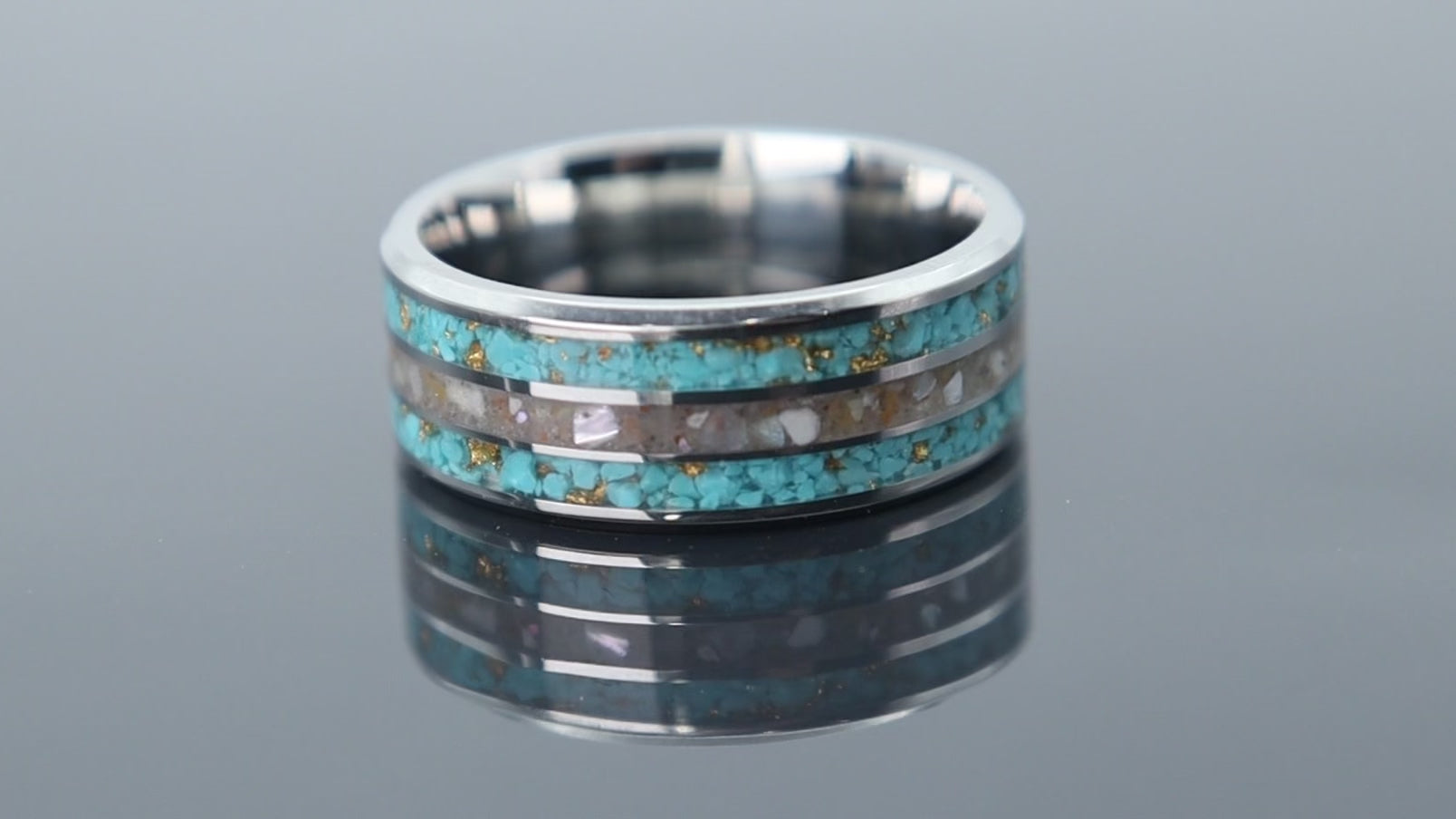 Tungsten ring with turquoise and mother of pearl inlay