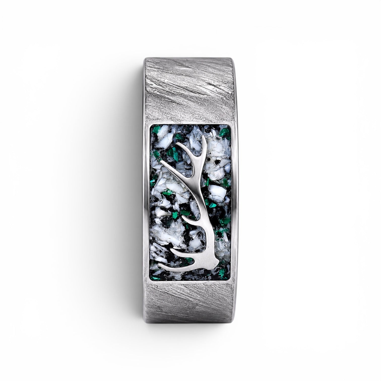 Stagline titanium ring featuring genuine crushed elk tooth, natural malachite inlay, and an antler silhouette with a distressed handcrafted finish.