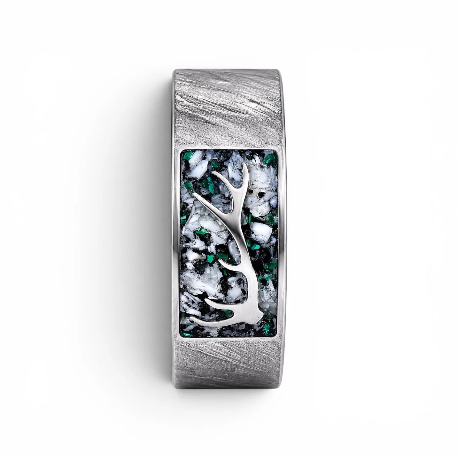 Stagline titanium ring featuring genuine crushed elk tooth, natural malachite inlay, and an antler silhouette with a distressed handcrafted finish.