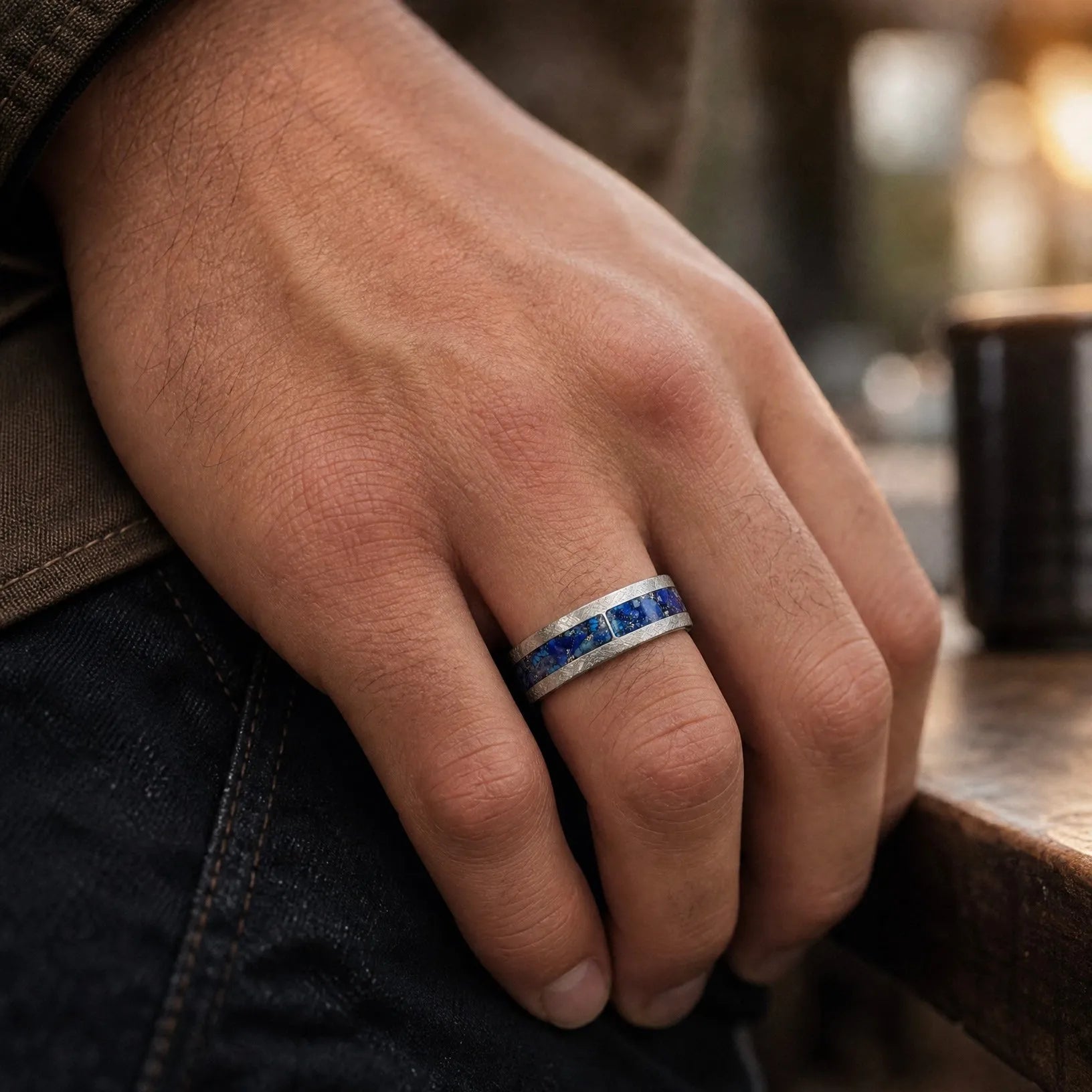 Stellaris titanium ring featuring a mosaic inlay of lapis lazuli, chrysocolla, turquoise, blue goldstone, and brass accents with a distressed finish.