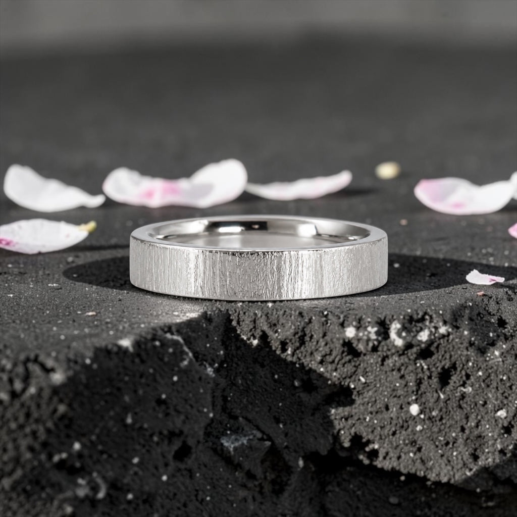 4mm wedding band for women with vertical bamboo-inspired hand-scored texture, minimalist comfort fit design