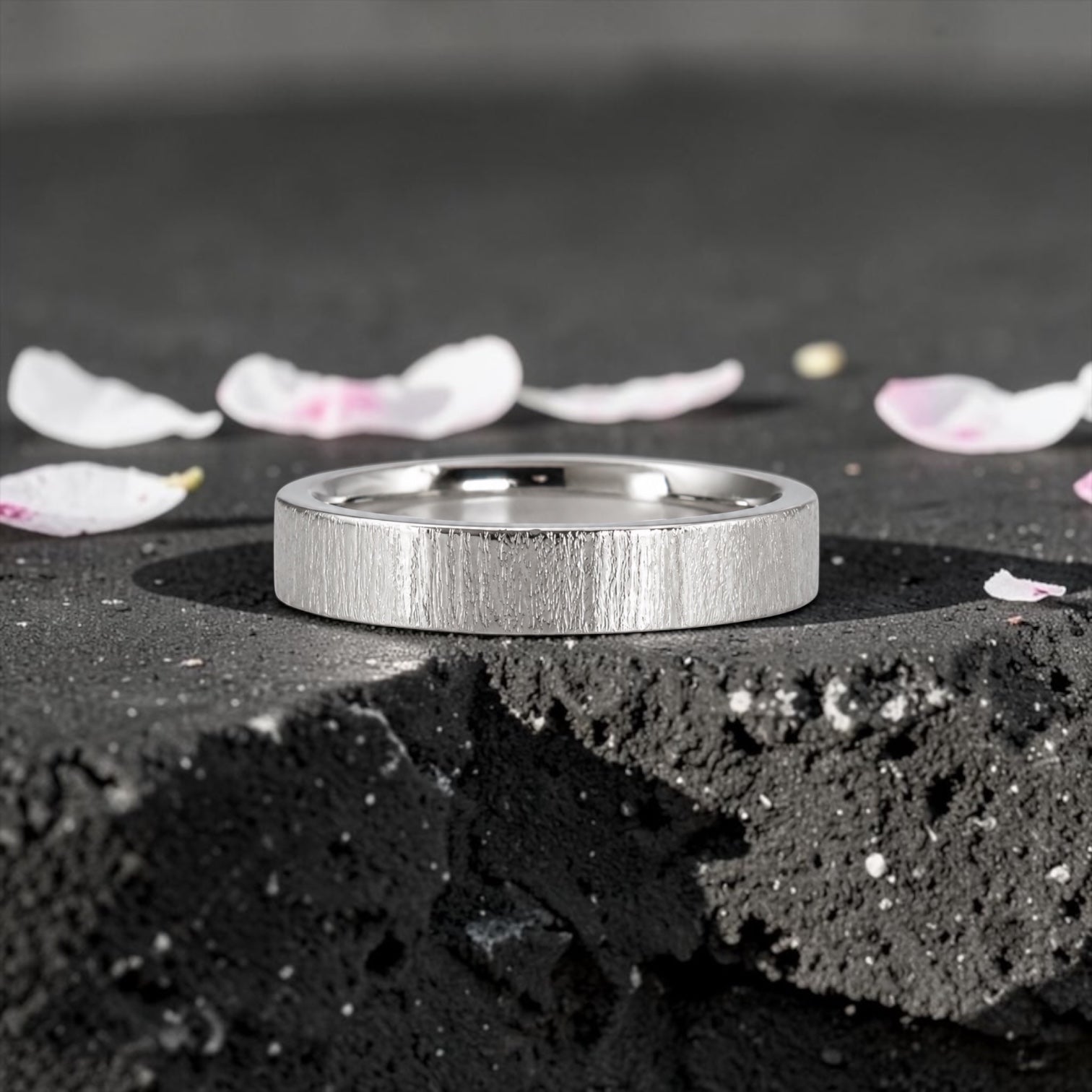 4mm wedding band for women with vertical bamboo-inspired hand-scored texture, minimalist comfort fit design