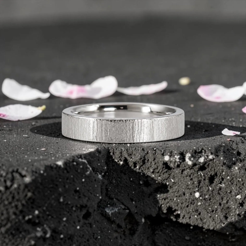 4mm wedding band for women with vertical bamboo-inspired hand-scored texture, minimalist comfort fit design