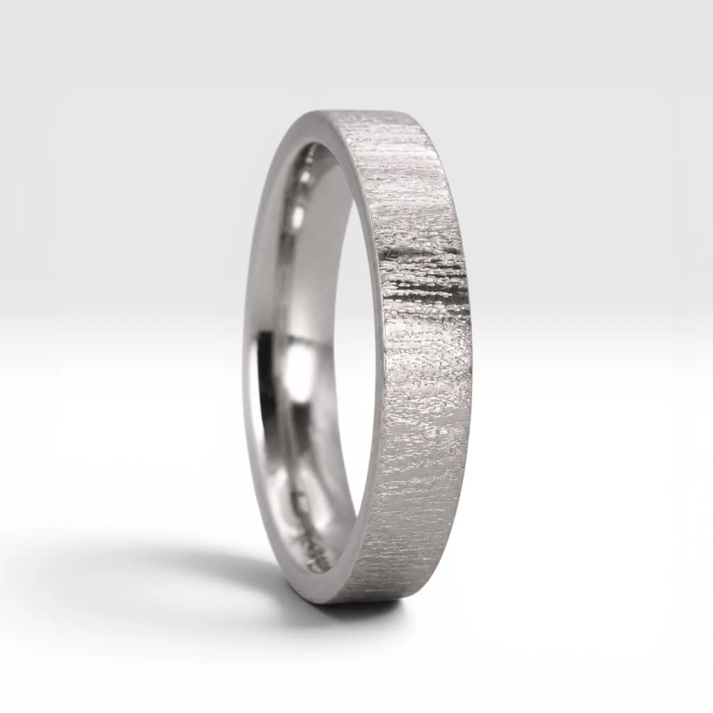 4mm wedding band for women with vertical bamboo-inspired hand-scored texture, minimalist comfort fit design