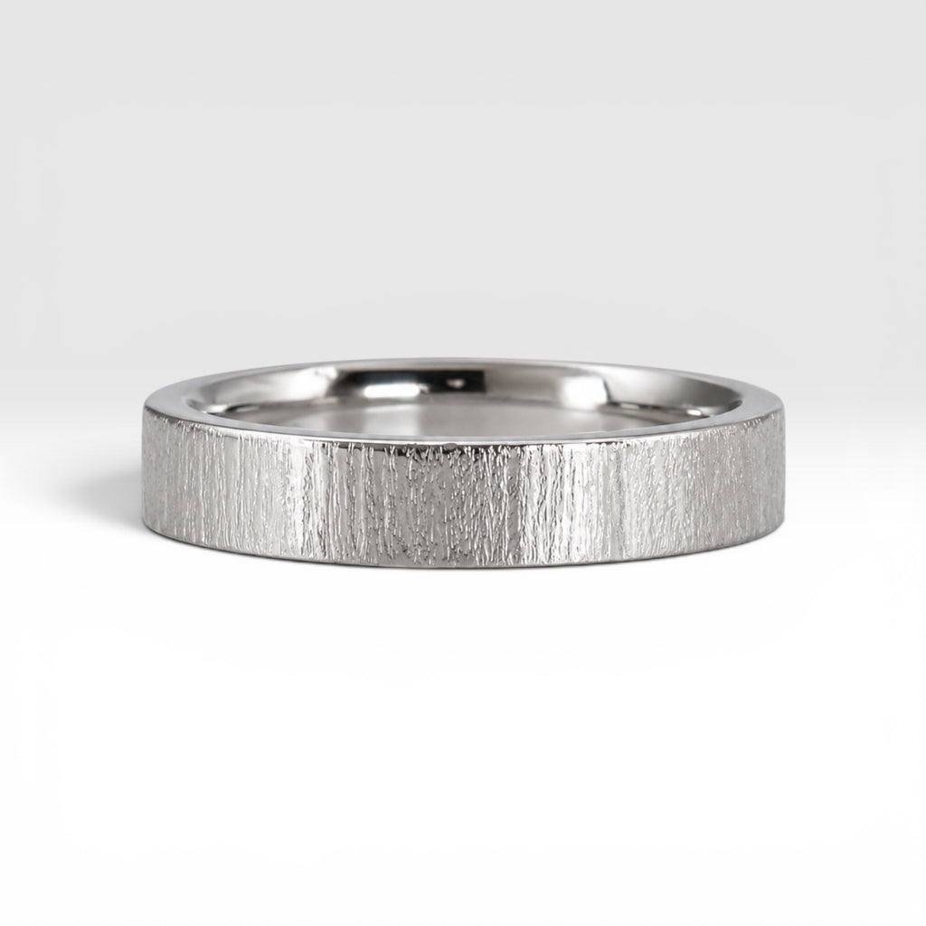 4mm wedding band for women with vertical bamboo-inspired hand-scored texture, minimalist comfort fit design