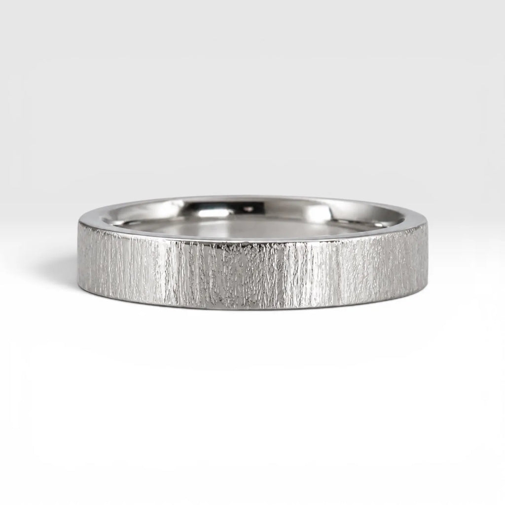 4mm wedding band for women with vertical bamboo-inspired hand-scored texture, minimalist comfort fit design