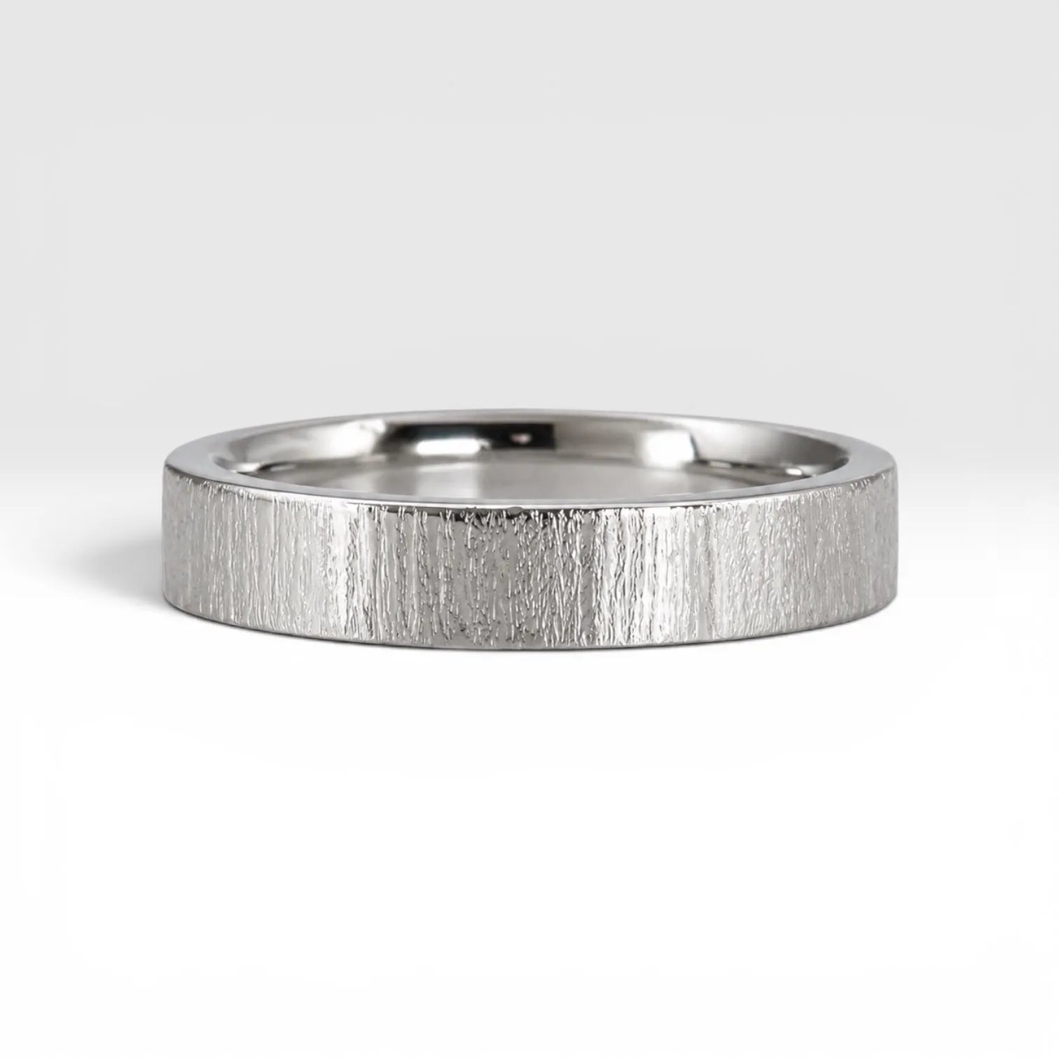 4mm wedding band for women with vertical bamboo-inspired hand-scored texture, minimalist comfort fit design