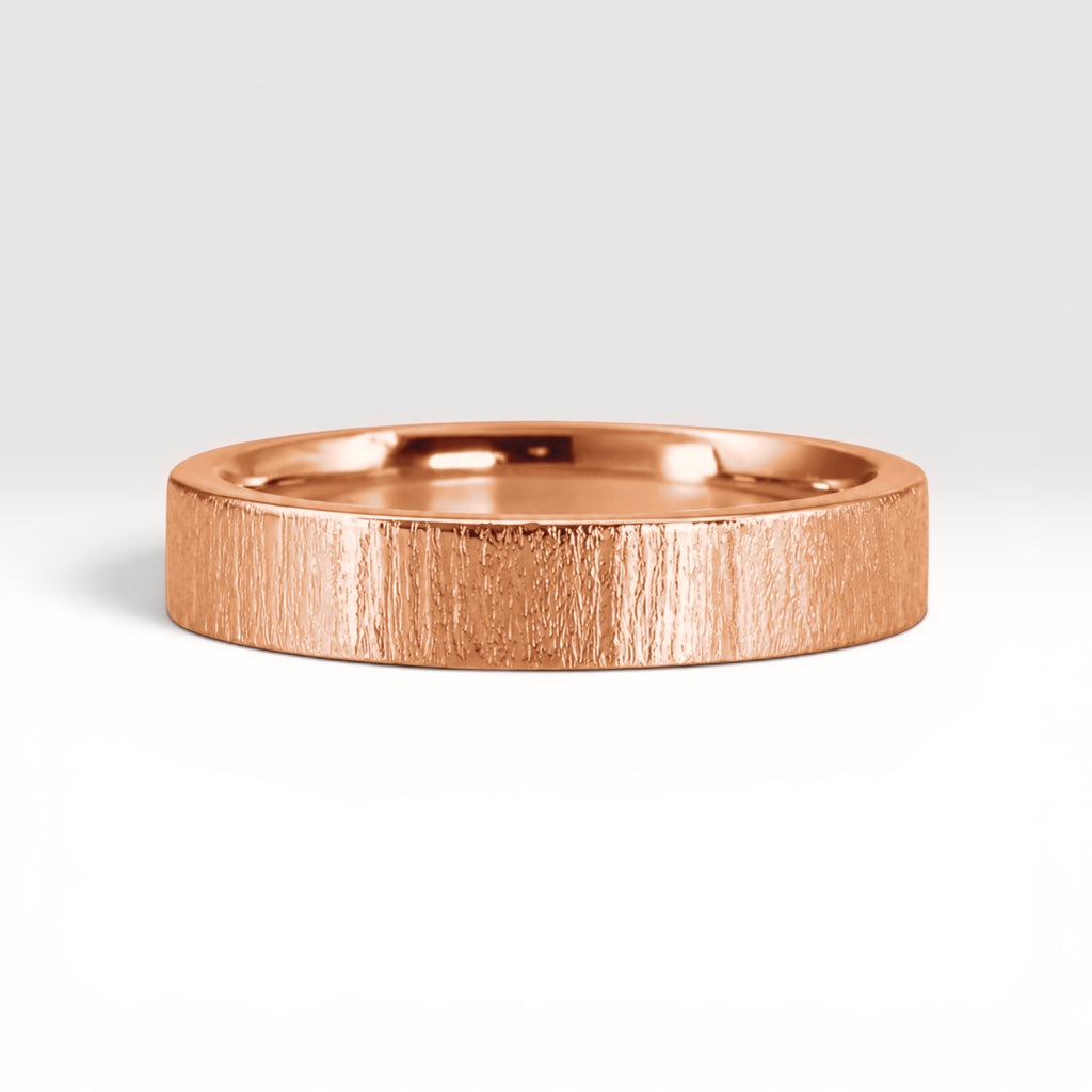 4mm wedding band for women with vertical bamboo-inspired hand-scored texture, minimalist comfort fit design