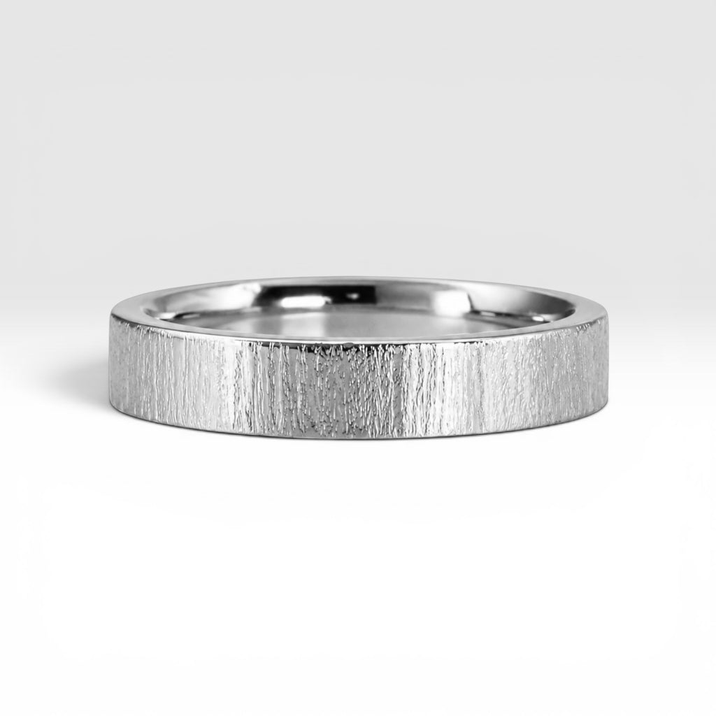 4mm wedding band for women with vertical bamboo-inspired hand-scored texture, minimalist comfort fit design