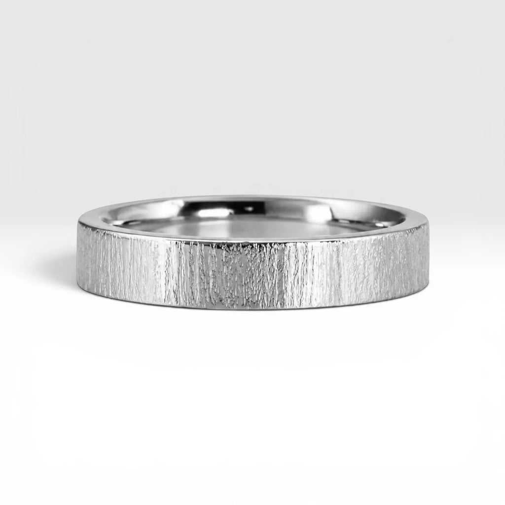 4mm wedding band for women with vertical bamboo-inspired hand-scored texture, minimalist comfort fit design