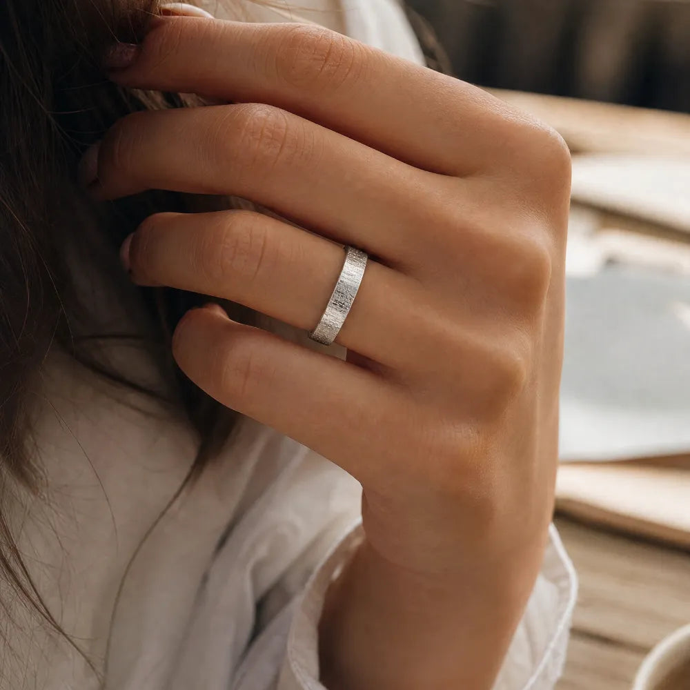 4mm wedding band for women with vertical bamboo-inspired hand-scored texture, minimalist comfort fit design
