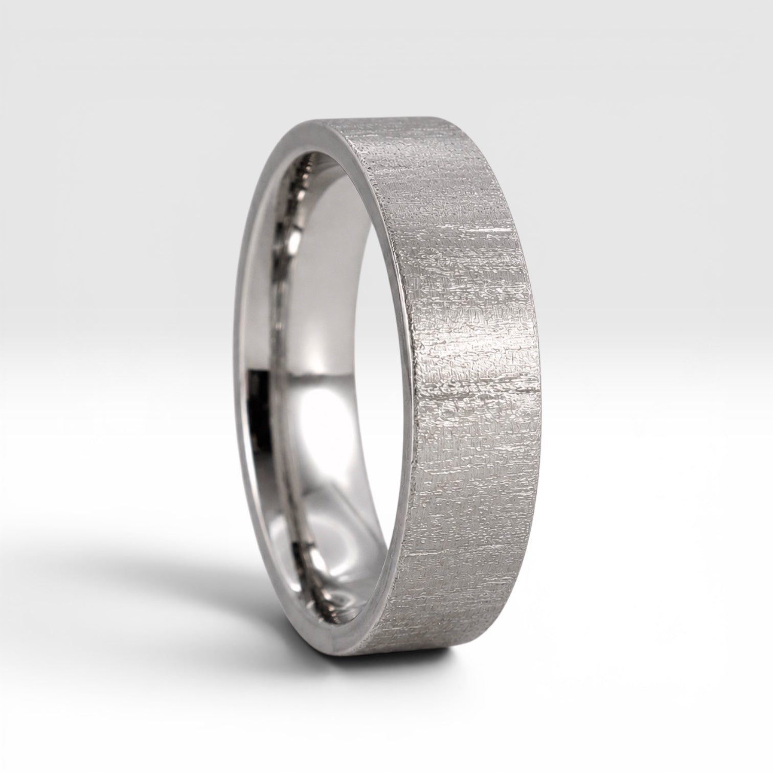 6mm wedding band for men with hand-scored bamboo texture finish, flat profile, polished interior, made in Utah