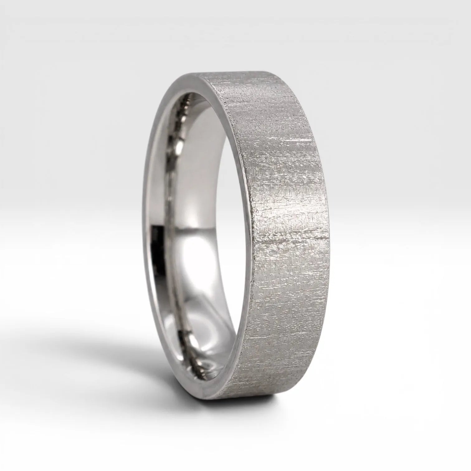 6mm wedding band for men with hand-scored bamboo texture finish, flat profile, polished interior, made in Utah