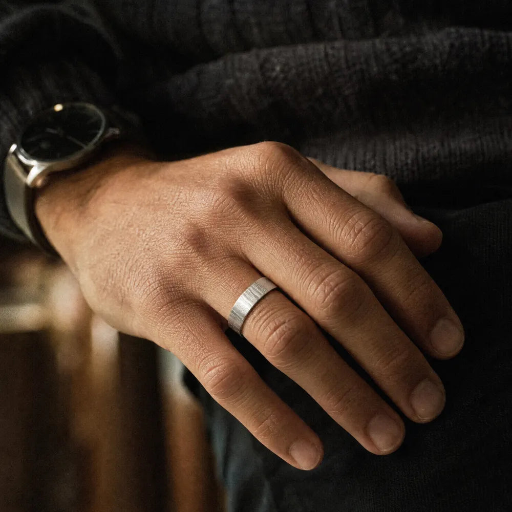 6mm wedding band for men with hand-scored bamboo texture finish, flat profile, polished interior, made in Utah