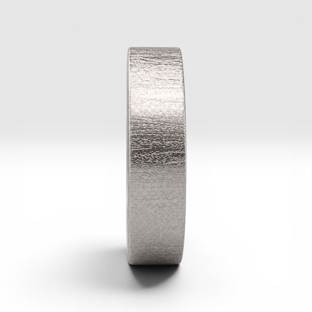 6mm wedding band for men with hand-scored bamboo texture finish, flat profile, polished interior, made in Utah