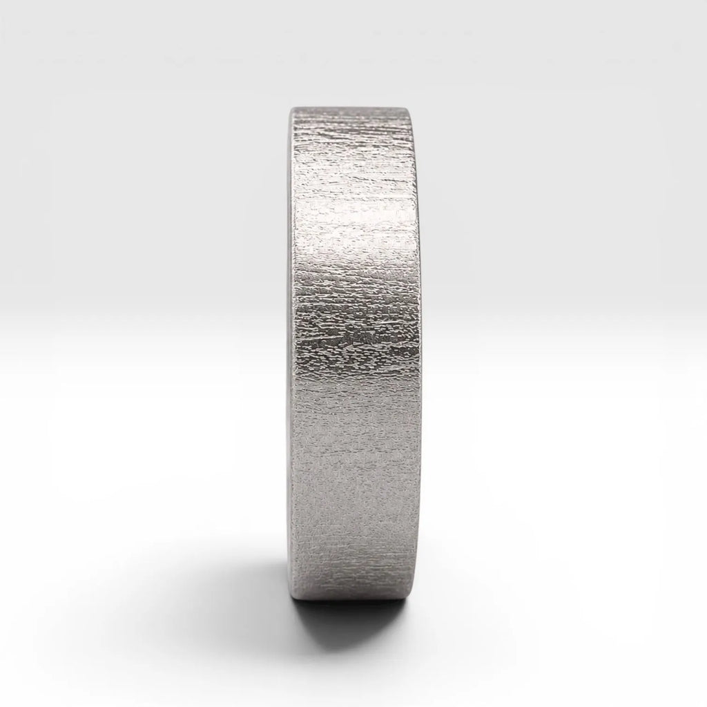 6mm wedding band for men with hand-scored bamboo texture finish, flat profile, polished interior, made in Utah