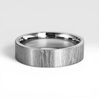 6mm wedding band for men with hand-scored bamboo texture finish, flat profile, polished interior, made in Utah
