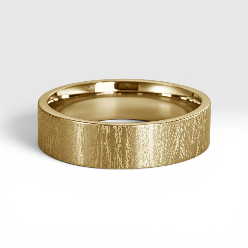 6mm wedding band for men with hand-scored bamboo texture finish, flat profile, polished interior, made in Utah