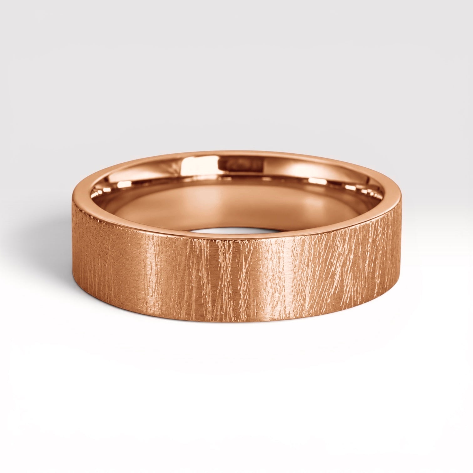 6mm wedding band for men with hand-scored bamboo texture finish, flat profile, polished interior, made in Utah
