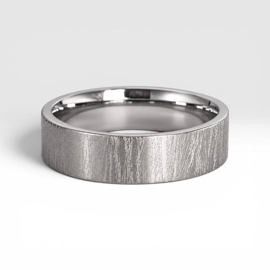 6mm wedding band for men with hand-scored bamboo texture finish, flat profile, polished interior, made in Utah
