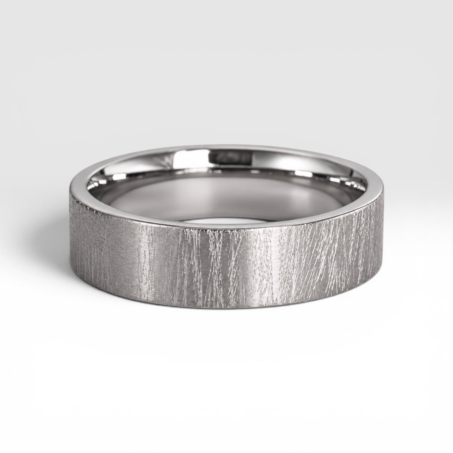 6mm wedding band for men with hand-scored bamboo texture finish, flat profile, polished interior, made in Utah
