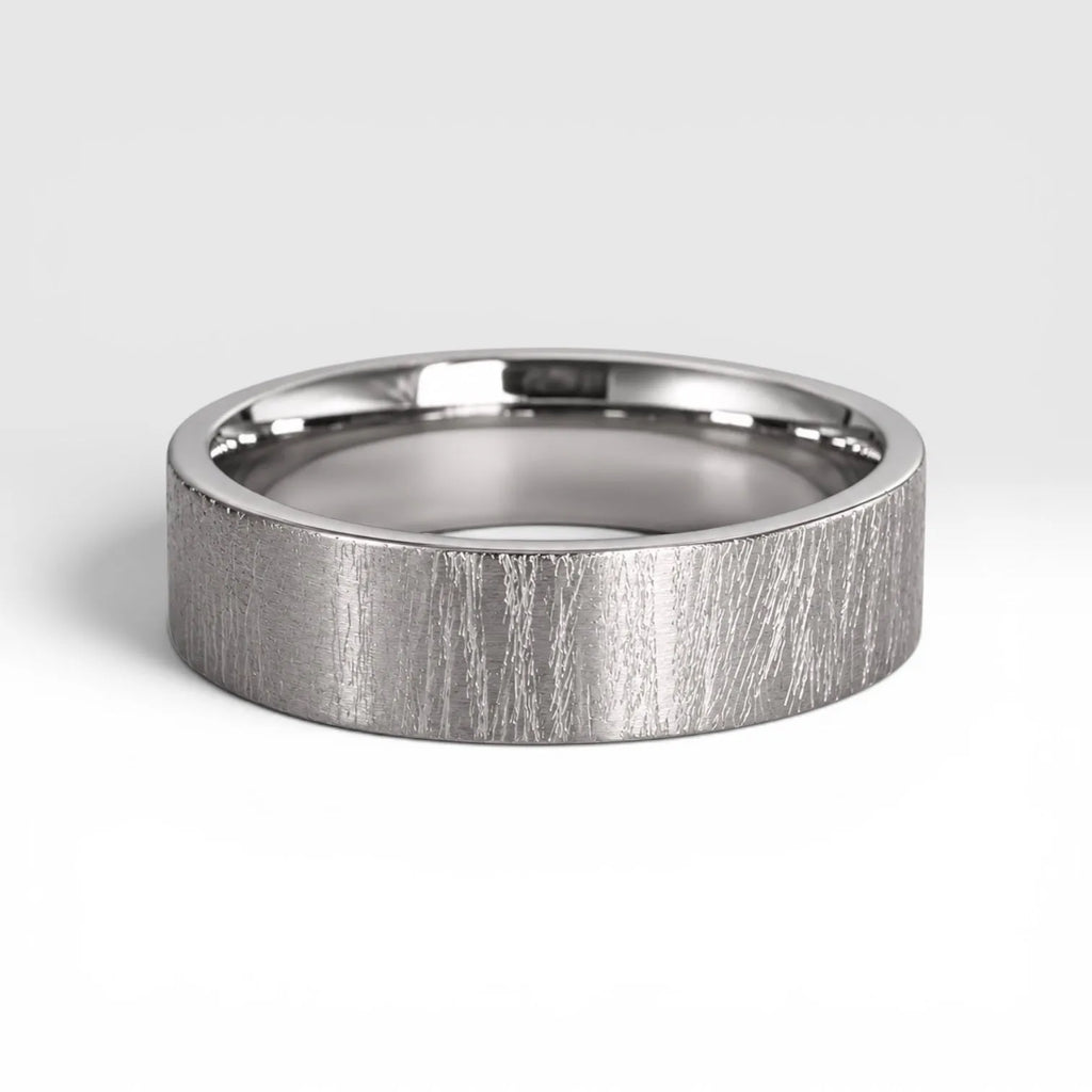 6mm wedding band for men with hand-scored bamboo texture finish, flat profile, polished interior, made in Utah