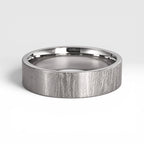 6mm wedding band for men with hand-scored bamboo texture finish, flat profile, polished interior, made in Utah