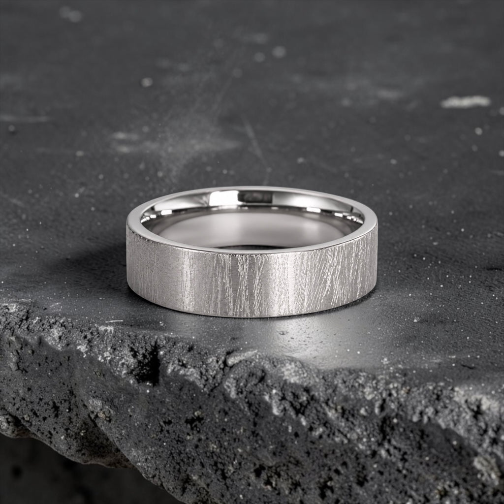 6mm wedding band for men with hand-scored bamboo texture finish, flat profile, polished interior, made in Utah