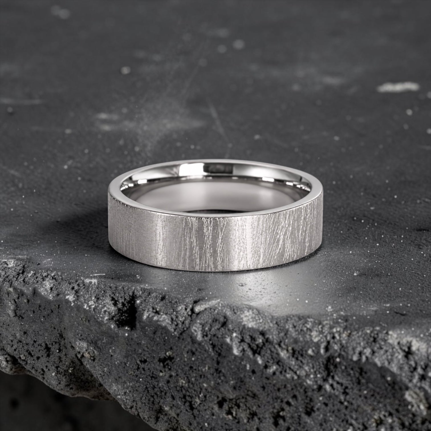 6mm wedding band for men with hand-scored bamboo texture finish, flat profile, polished interior, made in Utah