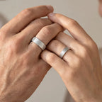 wedding band set with vertical bamboo-inspired hand-scored texture, minimalist comfort fit design