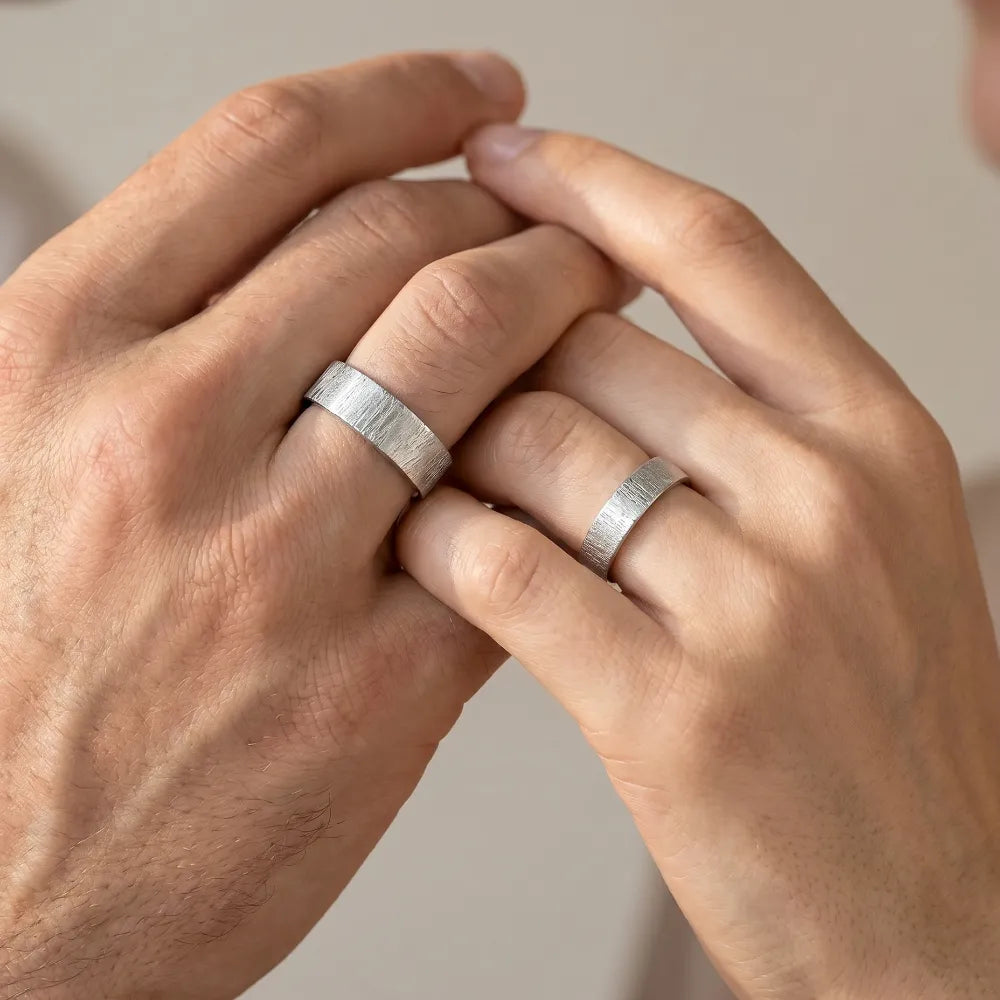 wedding band set with vertical bamboo-inspired hand-scored texture, minimalist comfort fit design