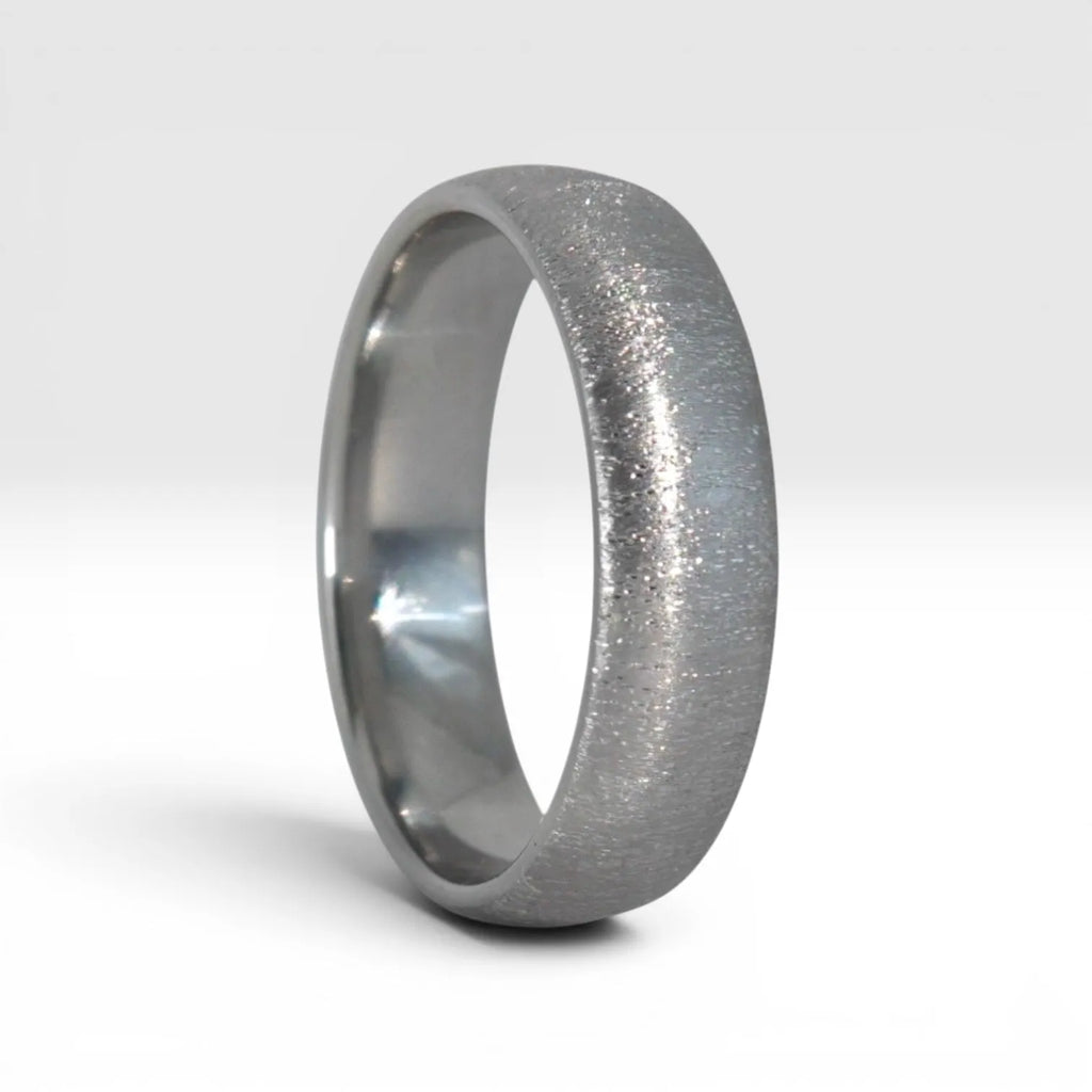 6mm domed titanium men's wedding band with hand-applied diamond burr sparkle finish, polished interior, handcrafted in Utah