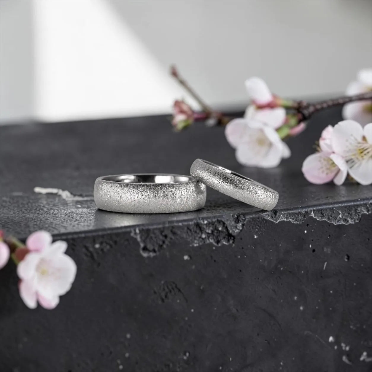 domed wedding band set with hand-applied diamond burr sparkle finish, polished interior, handcrafted in Utah
