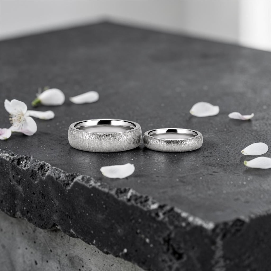domed wedding band set with hand-applied diamond burr sparkle finish, polished interior, handcrafted in Utah