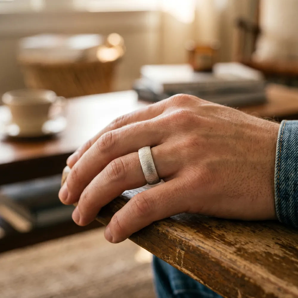 6mm domed men's wedding band with hand-applied diamond burr sparkle finish, polished interior, handcrafted in Utah