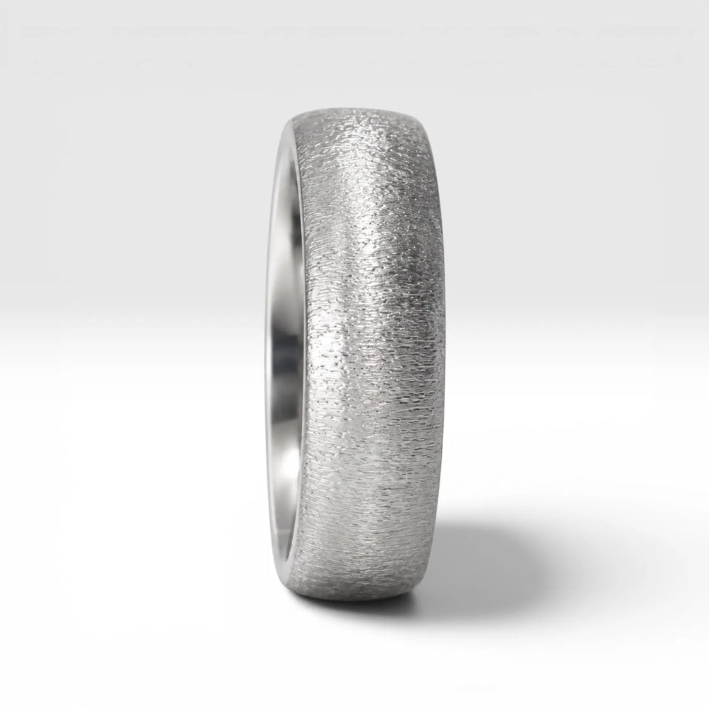 6mm domed men's wedding band with hand-applied diamond burr sparkle finish, polished interior, handcrafted in Utah