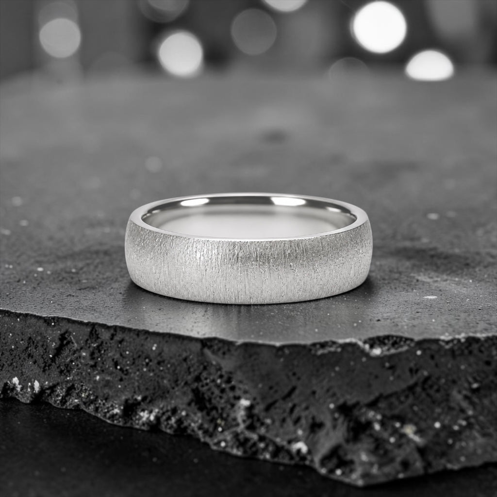 6mm domed men's wedding band with hand-applied diamond burr sparkle finish, polished interior, handcrafted in Utah