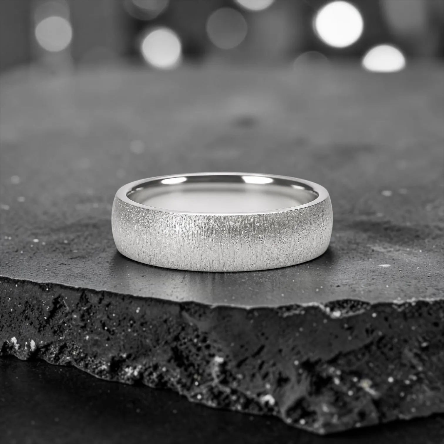 6mm domed men's wedding band with hand-applied diamond burr sparkle finish, polished interior, handcrafted in Utah