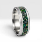 Verdantis titanium ring featuring genuine nephrite jade, brass shavings, and a frosted handcrafted finish by Venus Rings.