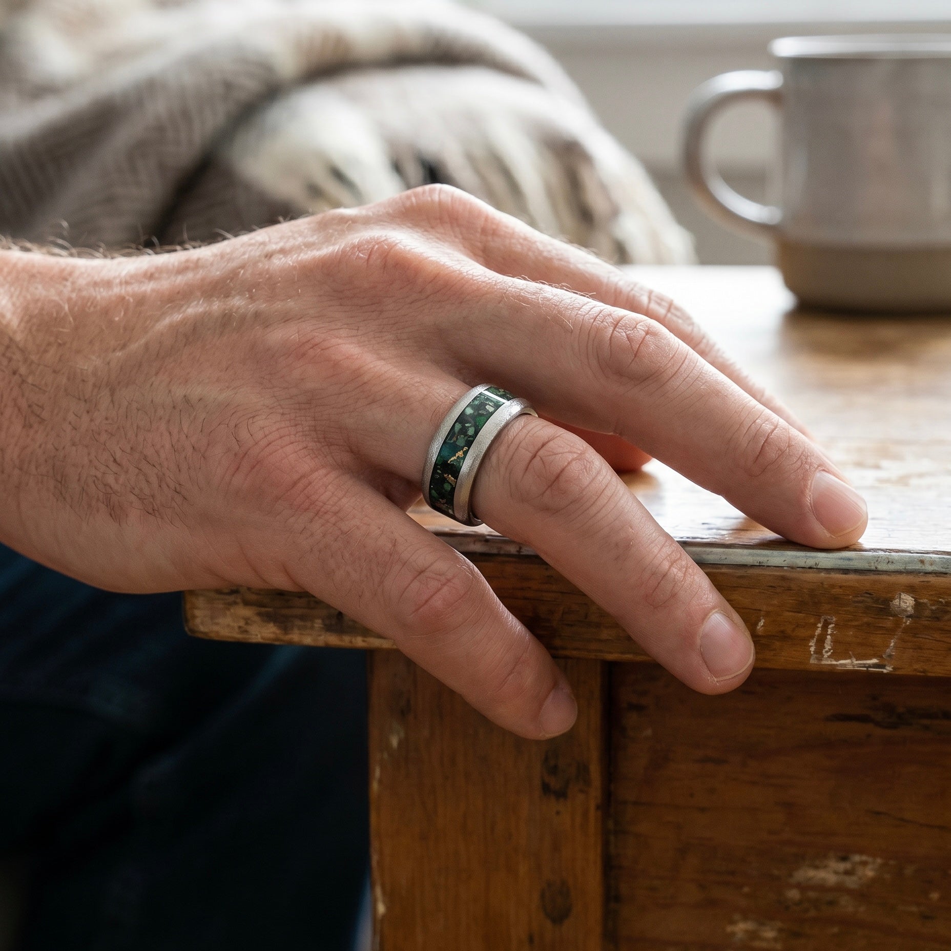 Verdantis titanium ring featuring genuine nephrite jade, brass shavings, and a frosted handcrafted finish by Venus Rings.