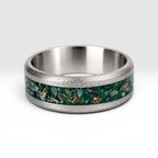 Verdantis titanium ring featuring genuine nephrite jade, brass shavings, and a frosted handcrafted finish by Venus Rings.
