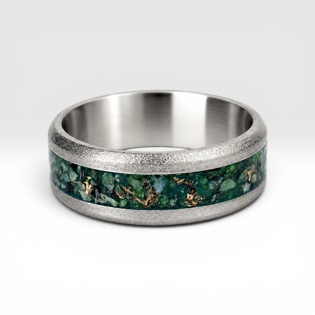Verdantis titanium ring featuring genuine nephrite jade, brass shavings, and a frosted handcrafted finish by Venus Rings.