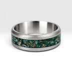 Verdantis titanium ring featuring genuine nephrite jade, brass shavings, and a frosted handcrafted finish by Venus Rings.