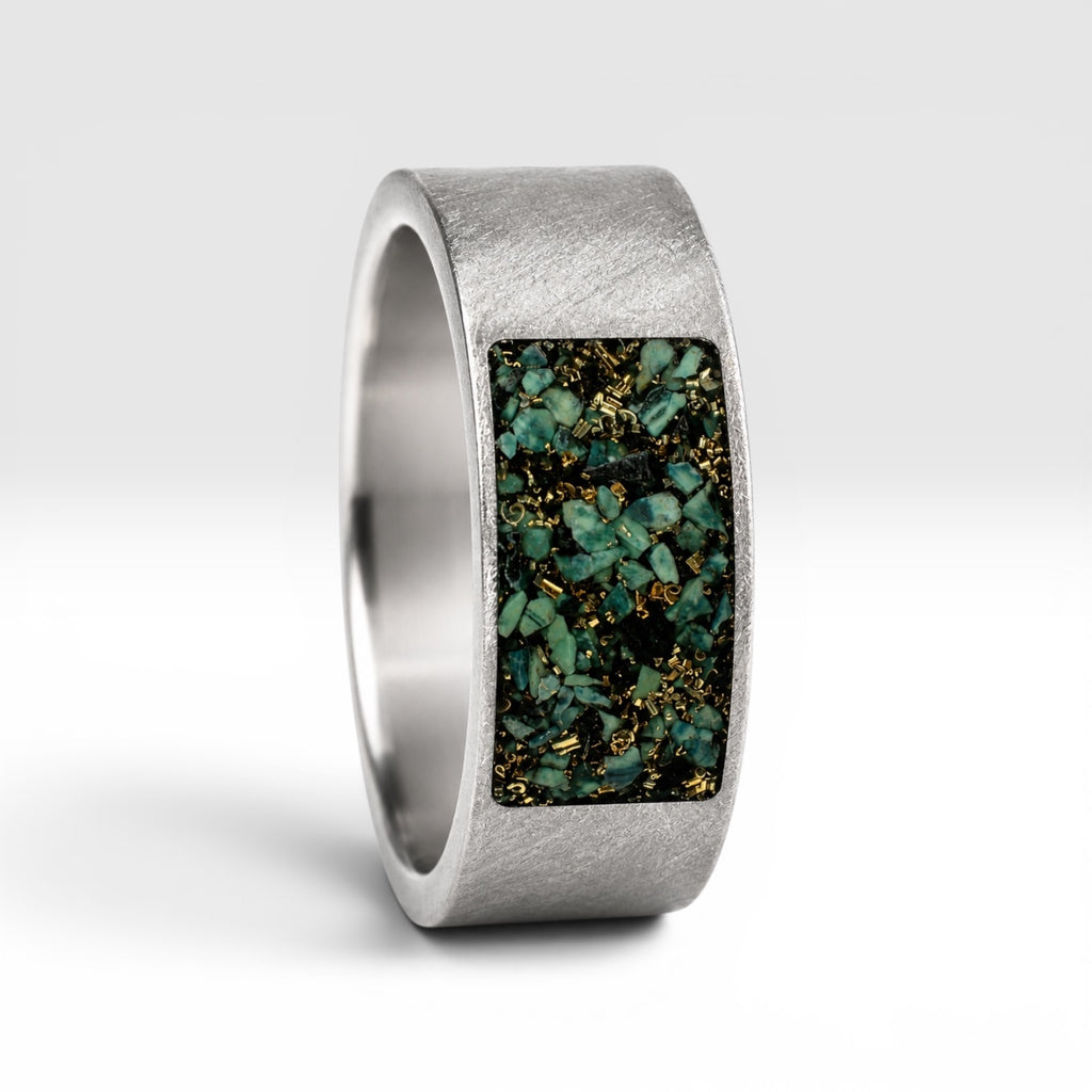 Veridian titanium ring featuring genuine nephrite jade and brass shavings in a modern rectangular inlay with a satin finish.