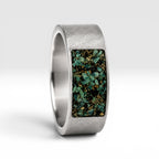 Veridian titanium ring featuring genuine nephrite jade and brass shavings in a modern rectangular inlay with a satin finish.