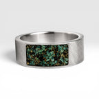 Veridian titanium ring featuring genuine nephrite jade and brass shavings in a modern rectangular inlay with a satin finish.